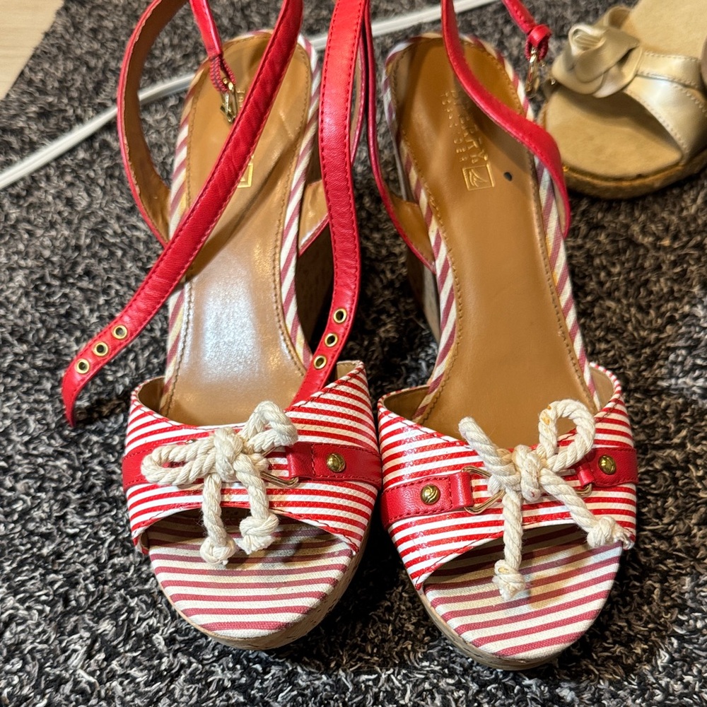 Sperry Red and White Striped Wedge Sandals
